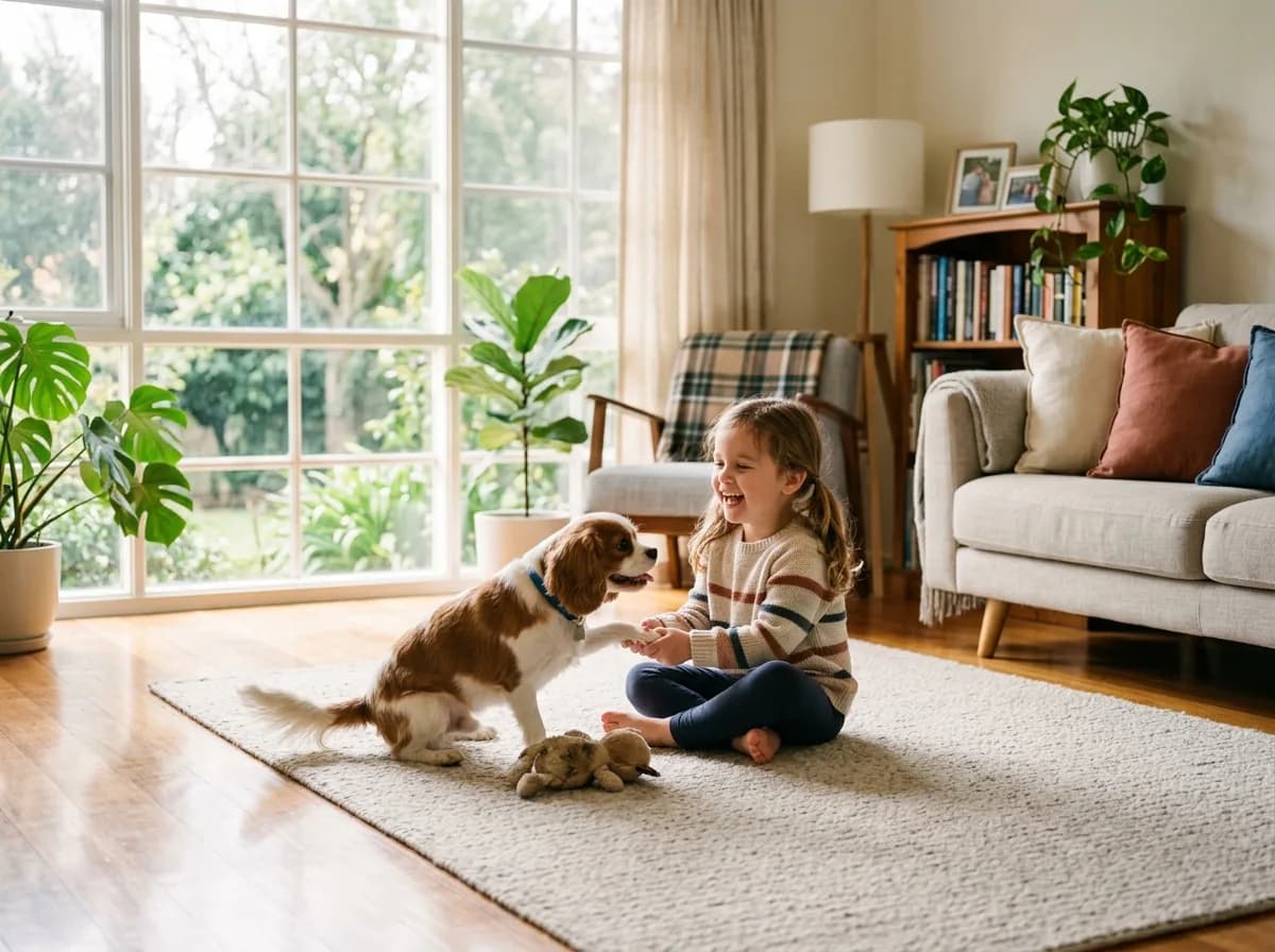 A young child and a small puppy playing happily on a clean soft rug in a bright, sunlit living room